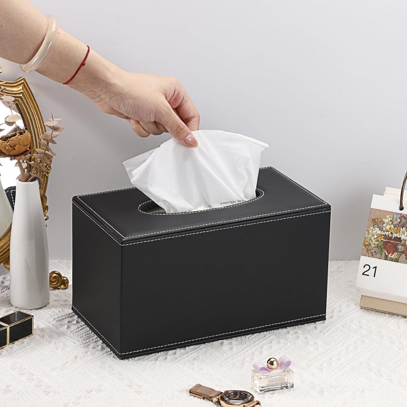 Sumnacon Tissue Box Cover Rectangle Leather Tissue Box with Magnetic Bottom,PU Tissue Box Holder Decorative Black Tissue Cover for Bathroom Toilet Bedroom Kitchen Office Table Desk, Large - Image 2