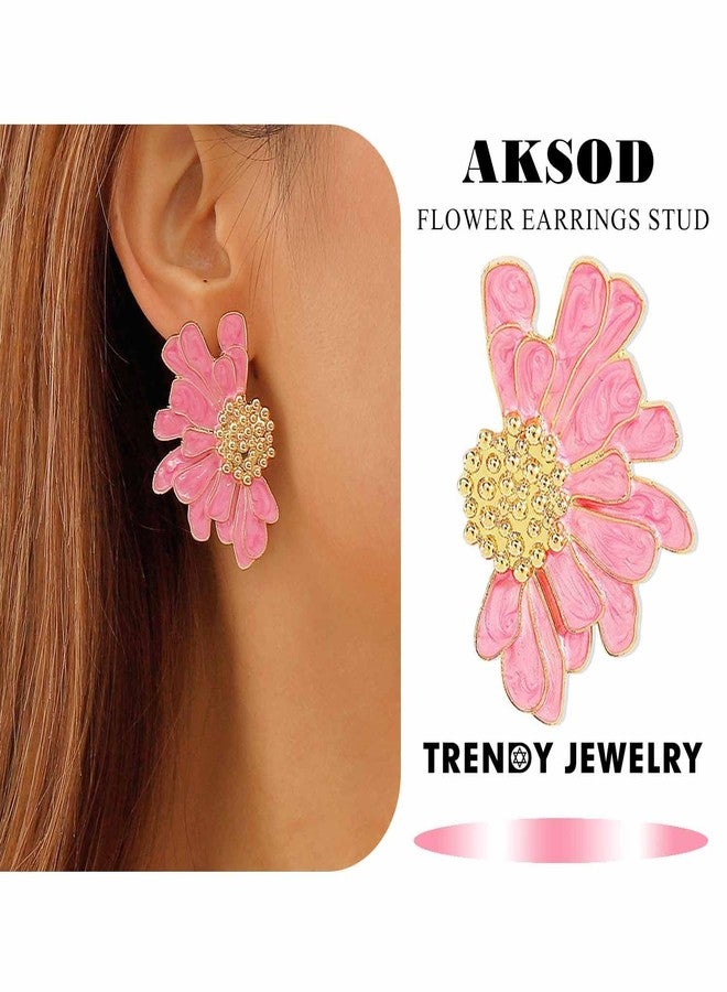 Aksod Pink Flower Stud Earrings for Women Big Floral Earrings Stud Large Pink Daisy Earrings Bohemian Summer Trendy Valentine's Day Earrings Jewelry for Women (Pink) - Image 2