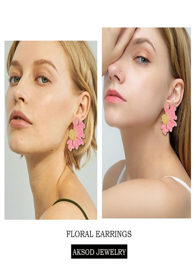 Aksod Pink Flower Stud Earrings for Women Big Floral Earrings Stud Large Pink Daisy Earrings Bohemian Summer Trendy Valentine's Day Earrings Jewelry for Women (Pink) - Image 4