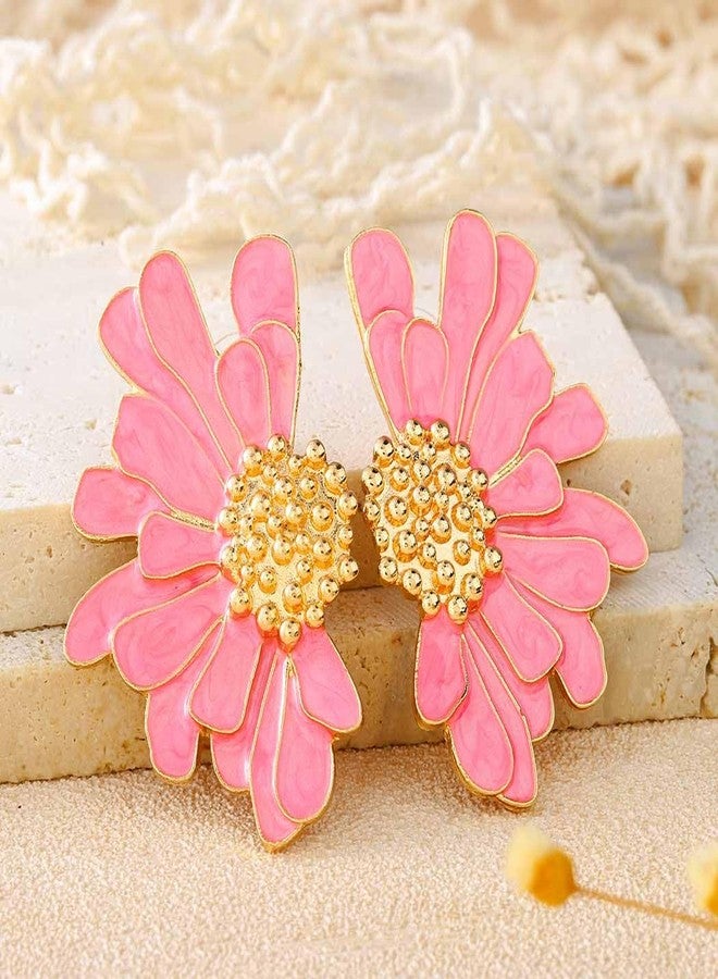 Aksod Pink Flower Stud Earrings for Women Big Floral Earrings Stud Large Pink Daisy Earrings Bohemian Summer Trendy Valentine's Day Earrings Jewelry for Women (Pink) - Image 3