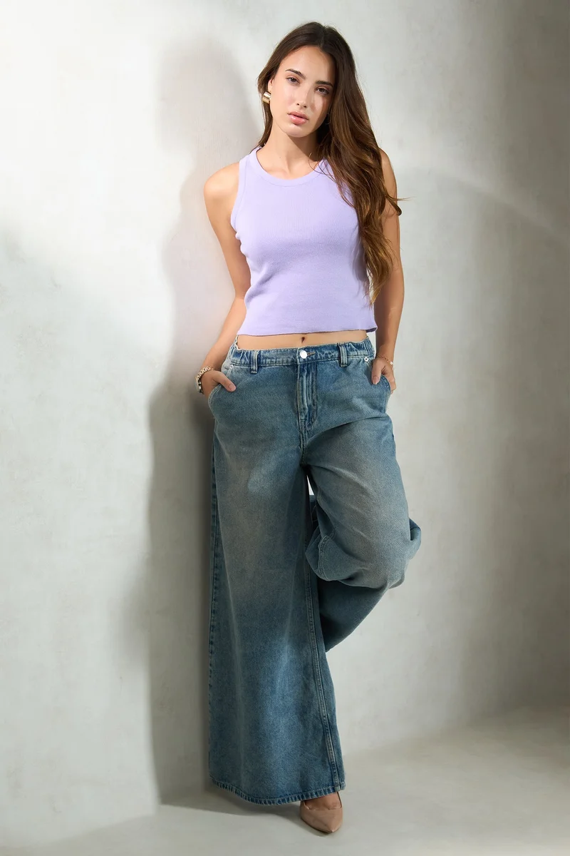 فيرجيو Cotton Denim Daywear Wide Leg Low Rise Pants for Women