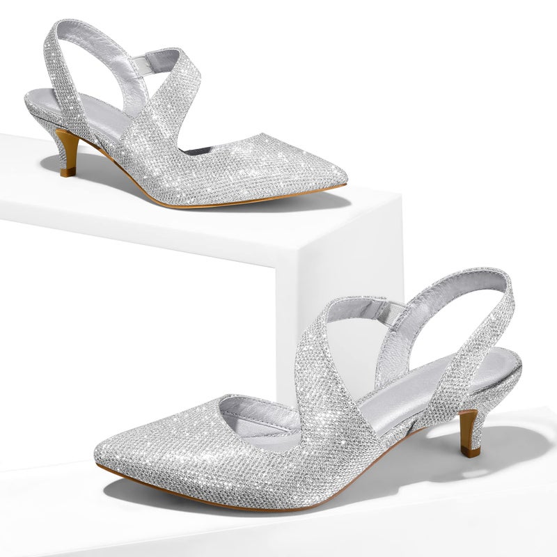 mysoft Women's Dress Shoes Low Heels 2 inch Kitten Pumps Slingback Wedding Party Medium/Wide Width Shoes Silver - Image 3