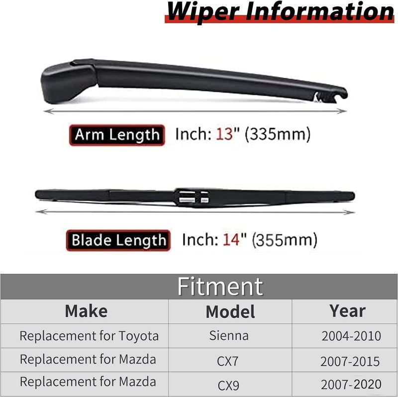 OTUAYAUTO Rear Wiper Arm Blade Set - Replacement for 2004-2010 Toyota Sienna, 2007-2020 Mazda CX9, 2007-2012 Mazda CX7 - Replacement OEM 85241AE010 - Image 2
