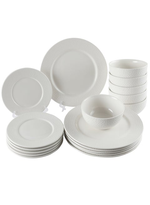 18 Piece Porcelain Dinnerware Embossed Set, 6x27cm Dinner Plates, 6x19cm Side Plates,, 6x13.8cm Bowls | Dishwasher and Microwave Safe | White