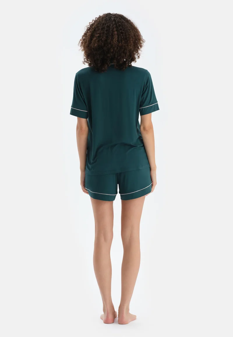 dagi Mid Rise Green Spread Collar Cotton Blend Shirt & Shorts Nightwear Set