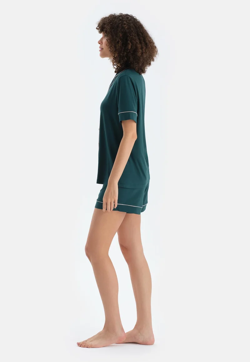 dagi  Mid Rise Green Spread Collar Cotton Blend Shirt & Shorts Nightwear Set for Women | Best Price UAE
