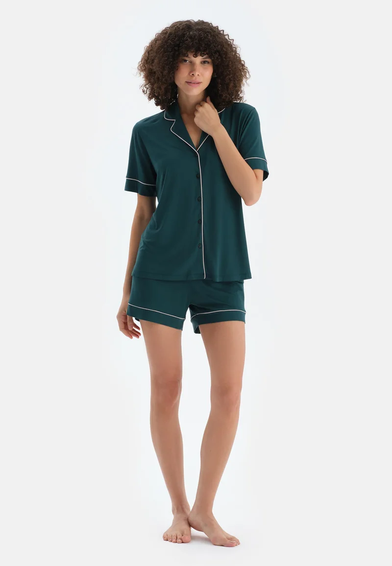dagi  Mid Rise Green Spread Collar Cotton Blend Shirt & Shorts Nightwear Set for Women | Best Price UAE