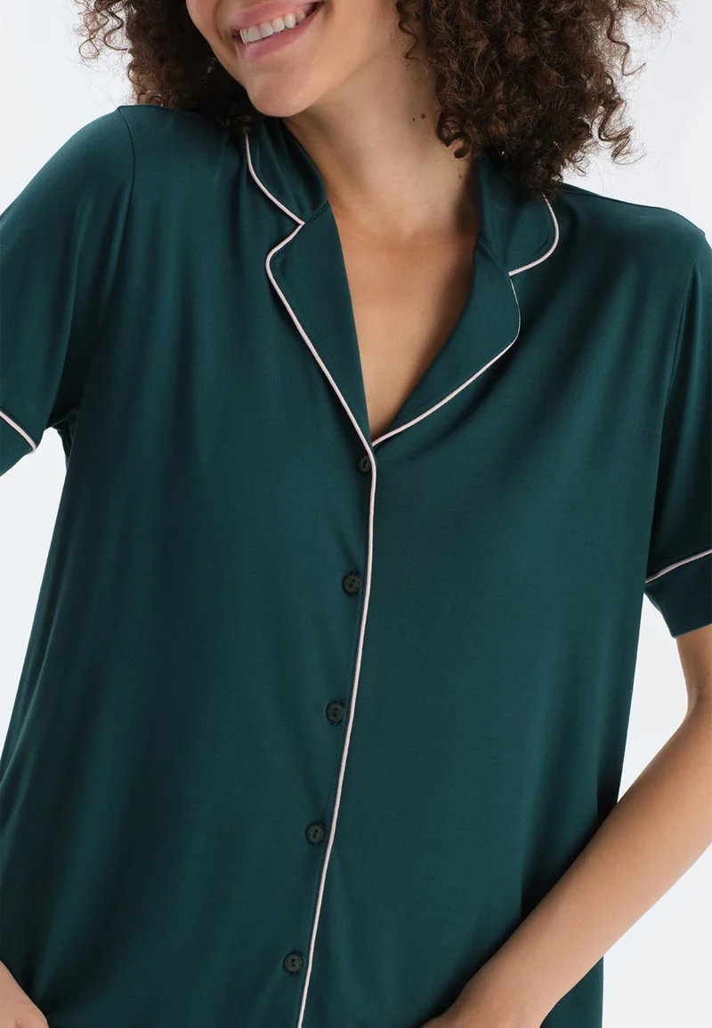 dagi  Mid Rise Green Spread Collar Cotton Blend Shirt & Shorts Nightwear Set for Women | Best Price UAE