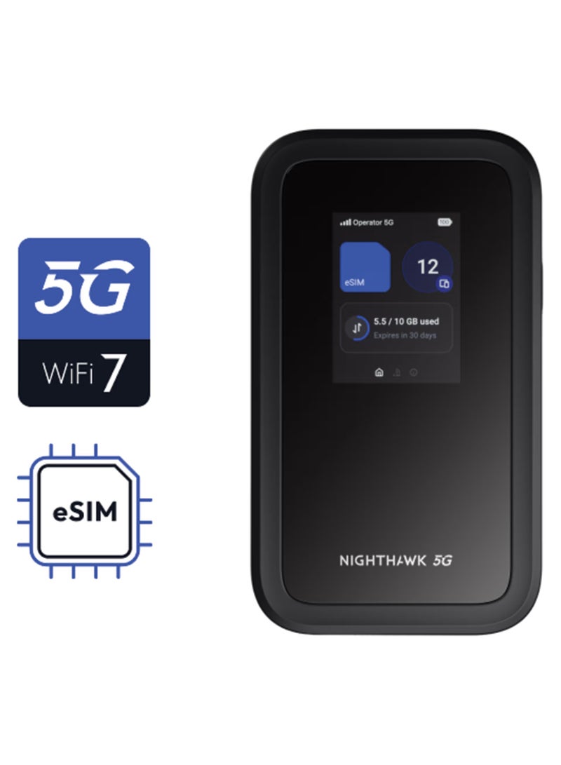 NETGEAR Nighthawk M7 5G Mobile WiFi 7 Hotspot Router, Global eSIM, 3.6 Gbps Wireless Speed, WPA3 Security | MH7150-100APS Black - Image 1