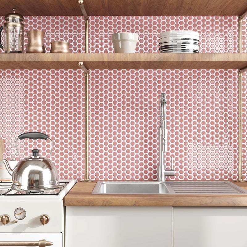 CRE8TIVE 16 Sheets Peach Pink Backsplash Tile for Kitchen Peel and Stick Penny Round Mosaic Wall Tiles Waterproof 12"x12" Self Adhesive Stick on Backsplash Tile Stickers for Bathroom Laundry Room Wall - Image 3