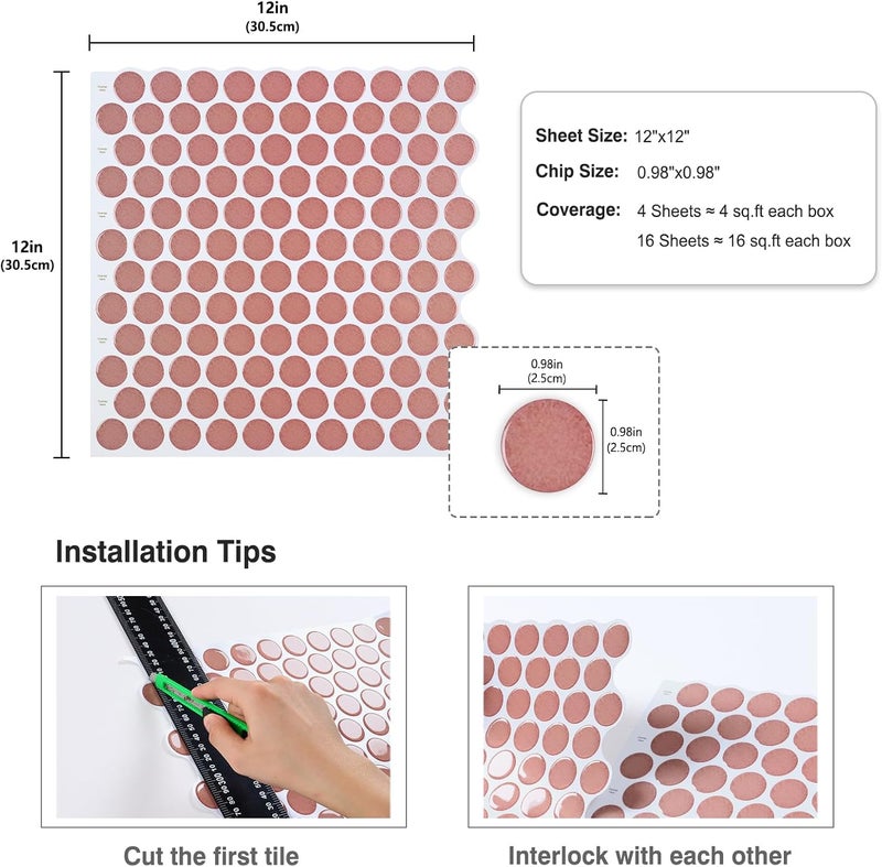 CRE8TIVE 16 Sheets Peach Pink Backsplash Tile for Kitchen Peel and Stick Penny Round Mosaic Wall Tiles Waterproof 12"x12" Self Adhesive Stick on Backsplash Tile Stickers for Bathroom Laundry Room Wall - Image 2