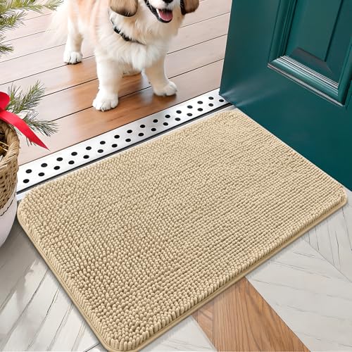 OLANLY Dog Door Mat for Muddy Paws 24x16, Absorbs Moisture and Dirt, Absorbent Non-Slip Washable Doormat, Quick Dry Chenille Mud Mat for Dogs, Entry Indoor Entryway Carpet for Inside Floor, Beige - Image 1