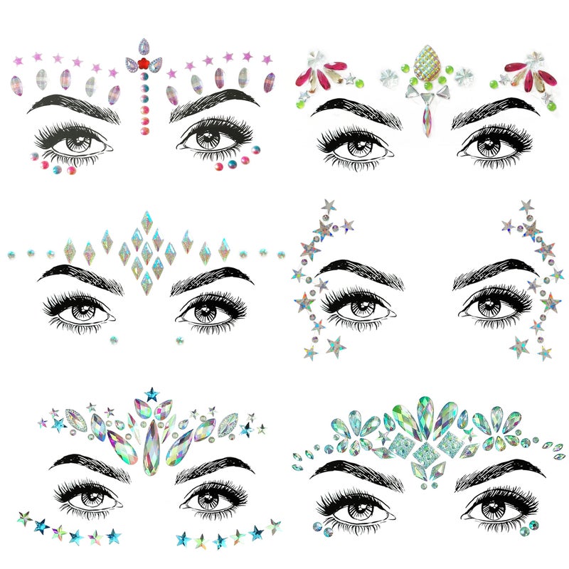 SHINEYES 6 Pcs Music Festival Face Jewels Rhinestone Rave Face Gems GlitterCrystal Birthday Party Festival Face Sticker Eyes Face Body Temporary Tattoos for Festival Party