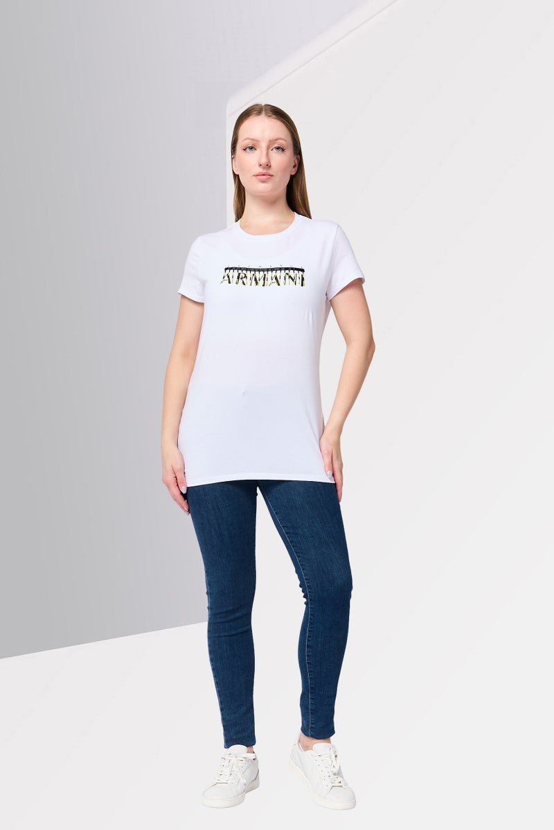 Armani Exchange Women Crew Neck Short Sleeve Graphic Print T-Shirt, White - Image 4
