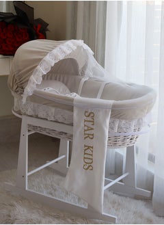 StarKids Baby Moses Basket Cradle With Rocking Stand, Light Brown  - Image 1