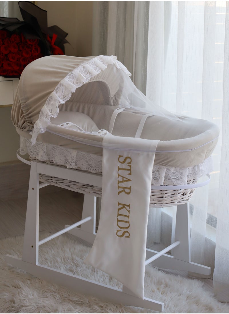 StarKids Baby Moses Basket Cradle With Rocking Stand, Light Brown  - Image 1