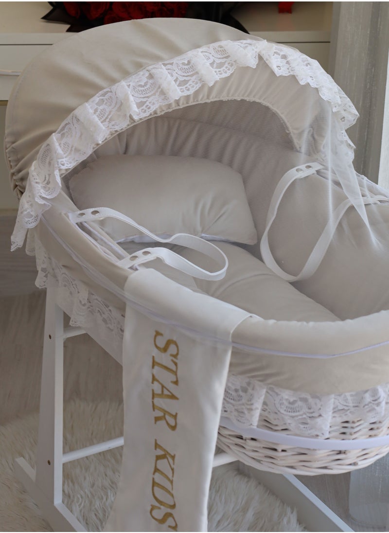 StarKids Baby Moses Basket Cradle With Rocking Stand, Light Brown  - Image 3