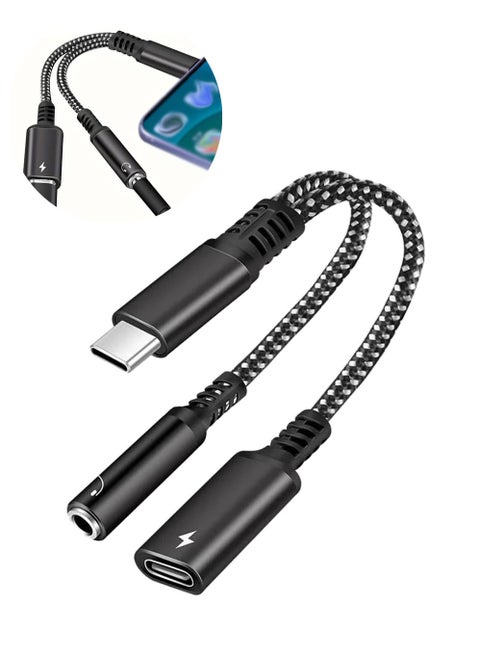 USB Type-C to 3.5mm headphone and charger adapter, 2-in-1 USB Type C to 3.5mm headphone jack and Type-C charging adapter cable compatible with iPhone 15/14,Galaxy S24 S23 S22