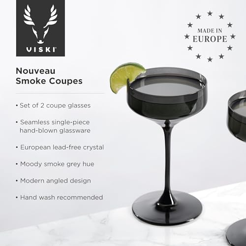 Viski Reserve Nouveau Smoke Gray Coupe Cocktail Glasses Crystal Colored Coupe Glasses Colorful Martini Glasses 65oz Long Stem Glassware Set Set of 2 - Image 3
