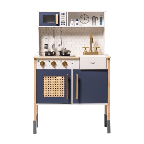 ROBUD Play Kitchen Wooden Kids Kitchen Playset with Sounds Lights Pretend Play Kitchen Set for Toddlers Gift for Boys Girls Vintage Style 3 Gem Blue - Image 1