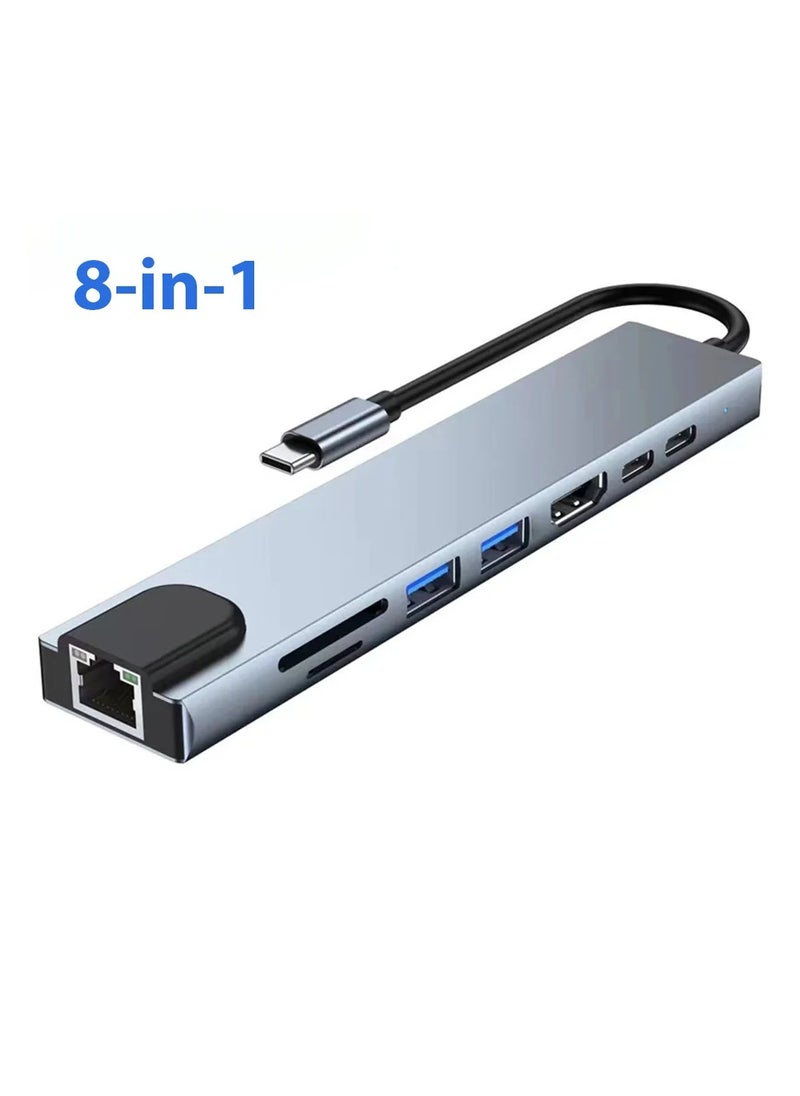 Raxoom USB C to HDTV 8 in 1 Adapter with RJ45, SD/TF Card Slots, USB 3.0 5Gbps Data Ports for MacBook Pro iPad Pro XPS  - Image 1