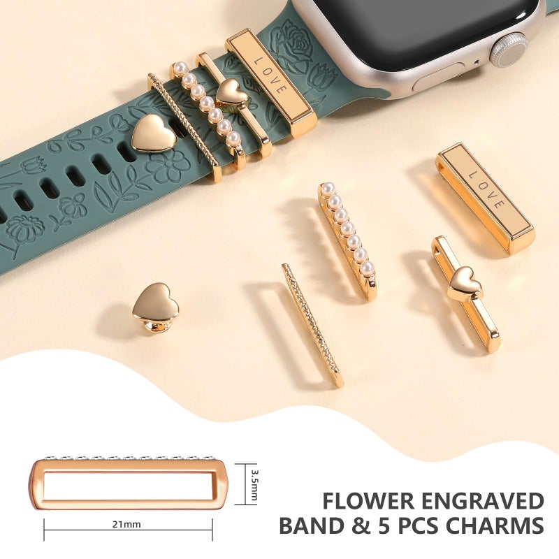 DaQin Flower Engraved Band Compatible with Apple Watch Bands for Women 40mm 38mm 41mm 42mm, Soft Silicone Band With Decorative Apple Watch Charms for iWatch Series 10 9 8 7 6 5 4 3 2 1 SE (With Band) - Image 4