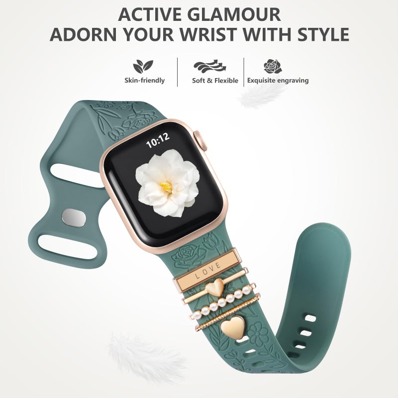 DaQin Flower Engraved Band Compatible with Apple Watch Bands for Women 40mm 38mm 41mm 42mm, Soft Silicone Band With Decorative Apple Watch Charms for iWatch Series 10 9 8 7 6 5 4 3 2 1 SE (With Band) - Image 5
