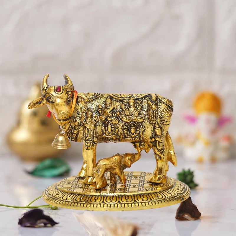 CHHARIYA CRAFTS Oxidized Metal Krishna with Religious Kamdhenu Cow with Calf Handmade Handicraft for Home Decor Gift Item Gold - Image 1