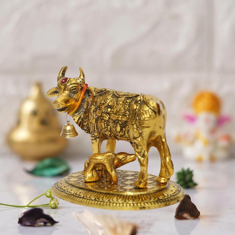 CHHARIYA CRAFTS Oxidized Metal Krishna with Religious Kamdhenu Cow with Calf Handmade Handicraft for Home Decor Gift Item Gold - Image 2