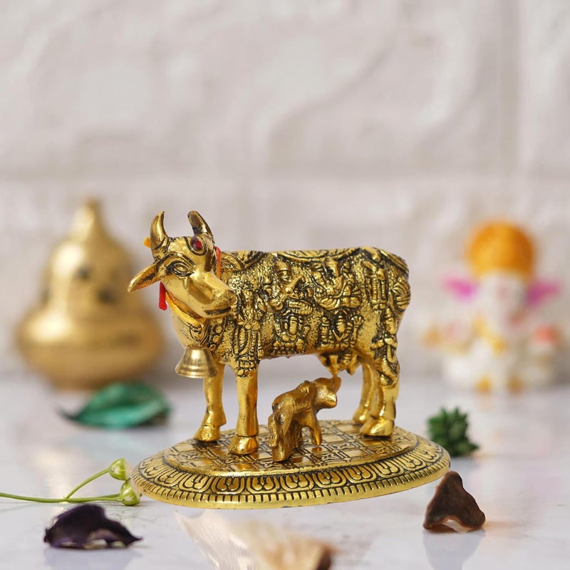 CHHARIYA CRAFTS Oxidized Metal Krishna with Religious Kamdhenu Cow with Calf Handmade Handicraft for Home Decor Gift Item Gold - Image 4