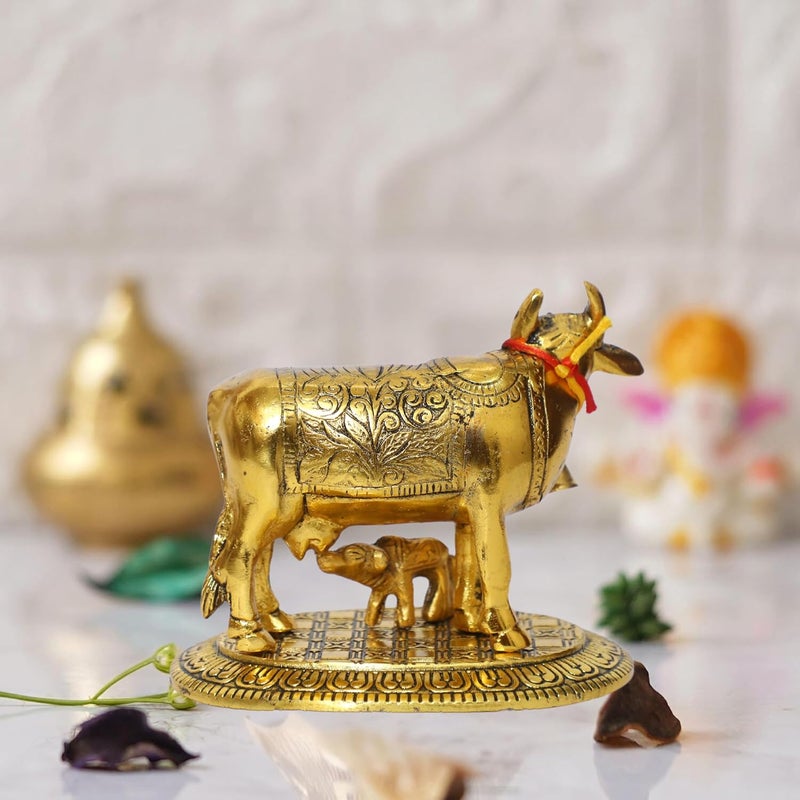 CHHARIYA CRAFTS Oxidized Metal Krishna with Religious Kamdhenu Cow with Calf Handmade Handicraft for Home Decor Gift Item Gold - Image 3