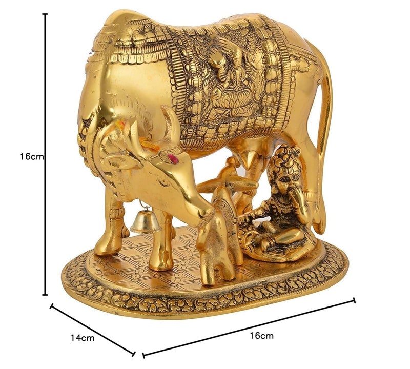 CHHARIYA CRAFTS Oxidized Metal Krishna with Religious Kamdhenu Cow with Calf Handmade Handicraft for Home Decor Gift Item Gold - Image 5
