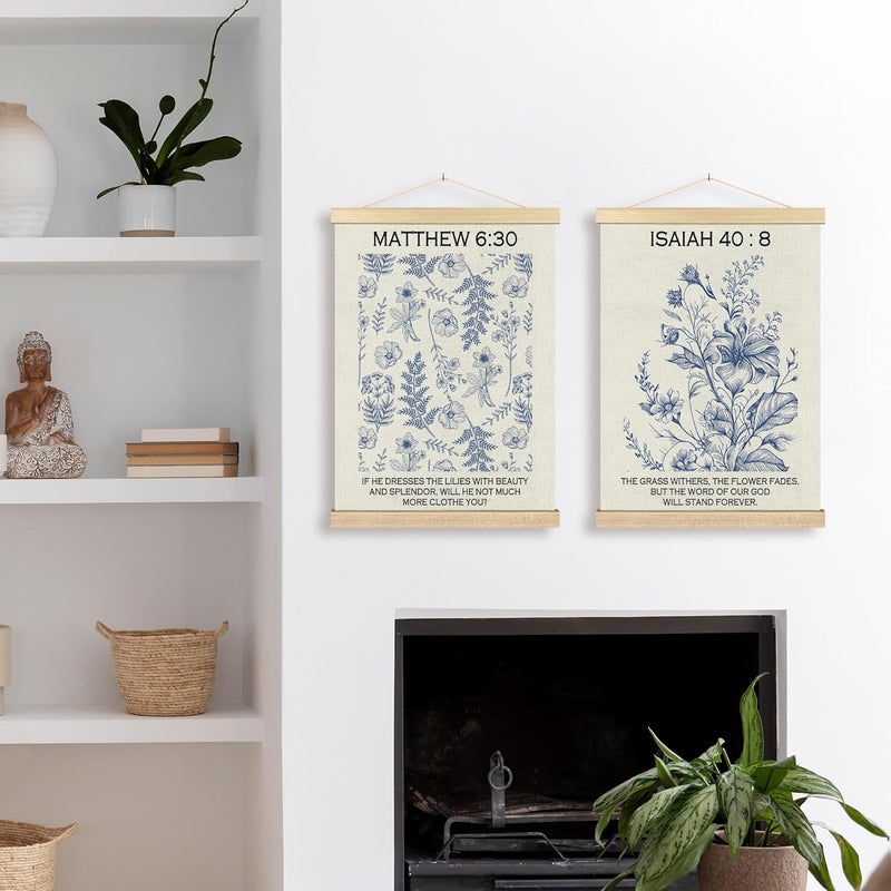 BCUANGD Christian Wall Decor  Wildflower Bible Verse Wall Art Poster Hanger with Wood Frames Modern Scripture Blue Flowers Wall Hanging Canvas Decor for Home Bedroom Nursery 12x16 Inches - Image 3
