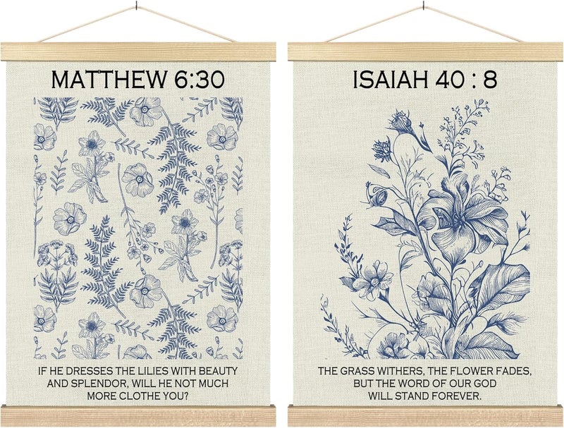 BCUANGD Christian Wall Decor  Wildflower Bible Verse Wall Art Poster Hanger with Wood Frames Modern Scripture Blue Flowers Wall Hanging Canvas Decor for Home Bedroom Nursery 12x16 Inches - Image 1