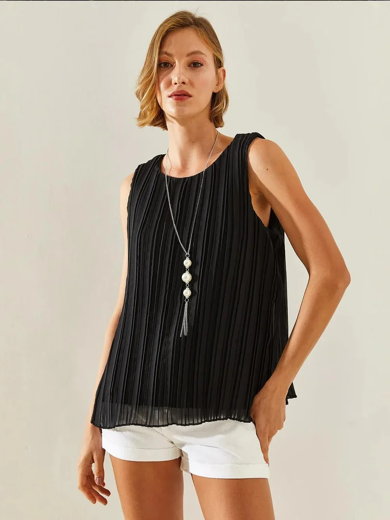 Bianco Lucci LUCCI Textured Siphon Blouse with Accessory Detail