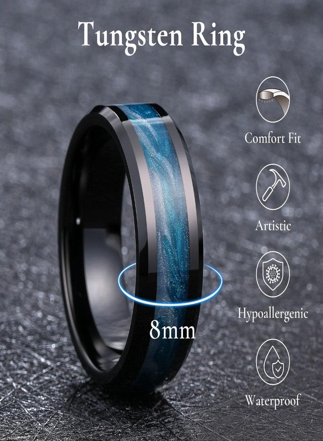 King Will 8mm Black Tungsten Rings, Men's Wedding Rings with Blue and White Sand Inlay Beveled Edge Ring for Men Women, Comfort Fit, Durable, Size 12 - Image 2