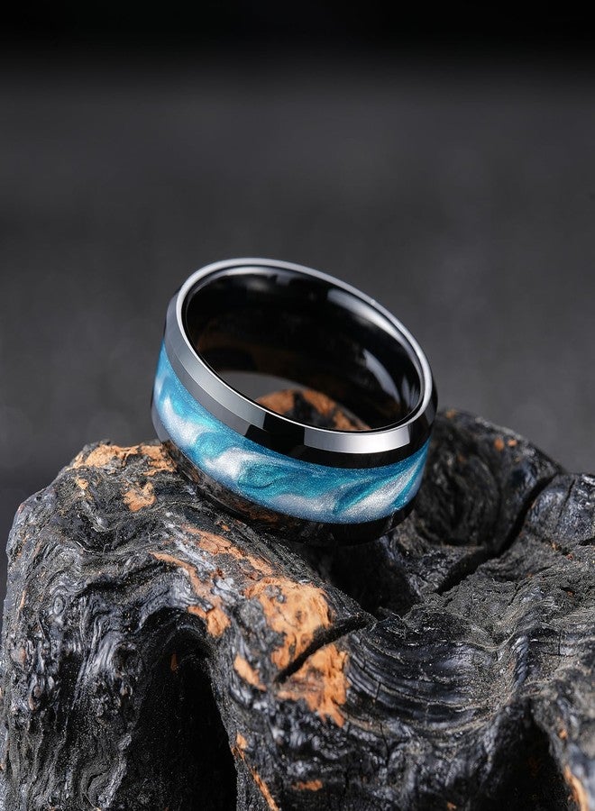 King Will 8mm Black Tungsten Rings, Men's Wedding Rings with Blue and White Sand Inlay Beveled Edge Ring for Men Women, Comfort Fit, Durable, Size 12 - Image 3