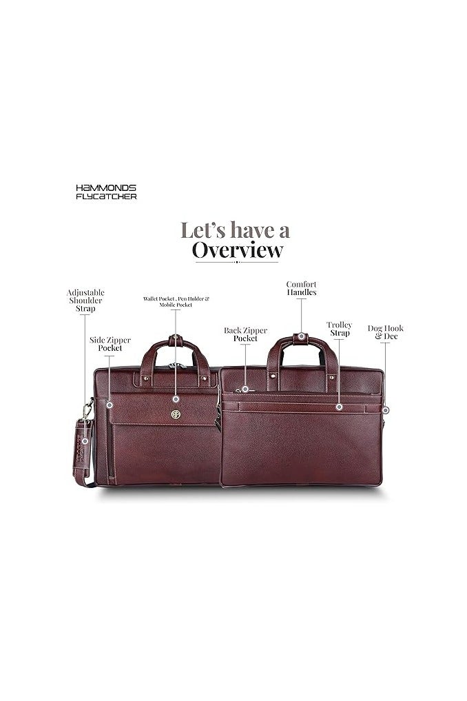 HAMMONDS FLYCATCHER HAMMONDS FLYCATCHER Genuine Leather Office Bag for Men, 15.6" Leather Laptop Bag for Men for Office, Travel, Daily Use, Adjustable Strap & Multi Compartments - 1 Year Warranty - Brown Walnut - Image 3