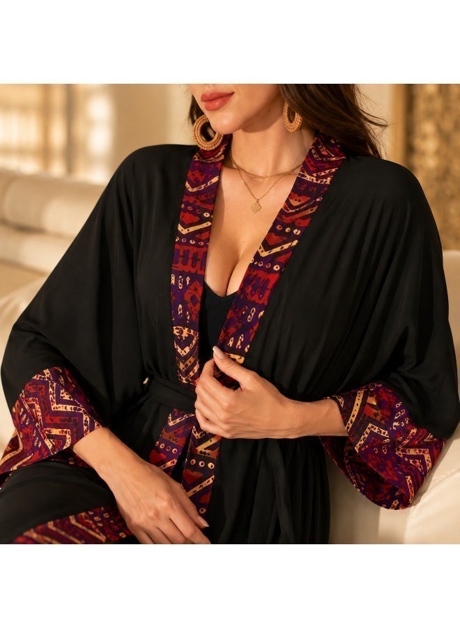 Women's Long Kimono Beach Cover Up with Belt - Lightweight Bohemian Open Front Robe - Image 2