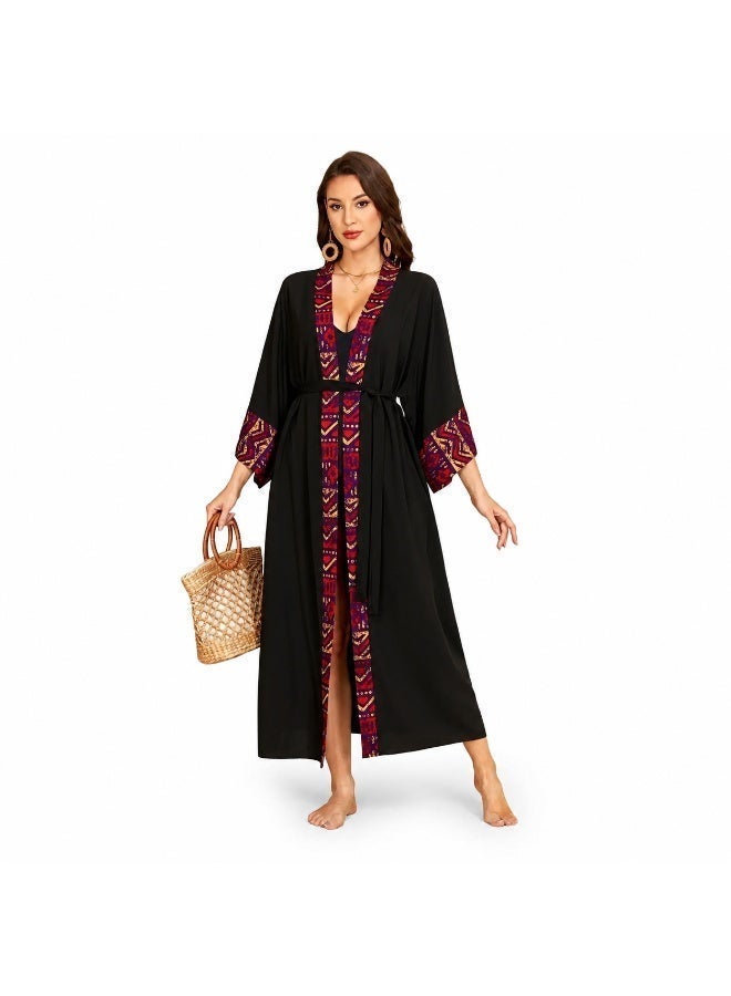 Women's Long Kimono Beach Cover Up with Belt - Lightweight Bohemian Open Front Robe - Image 1