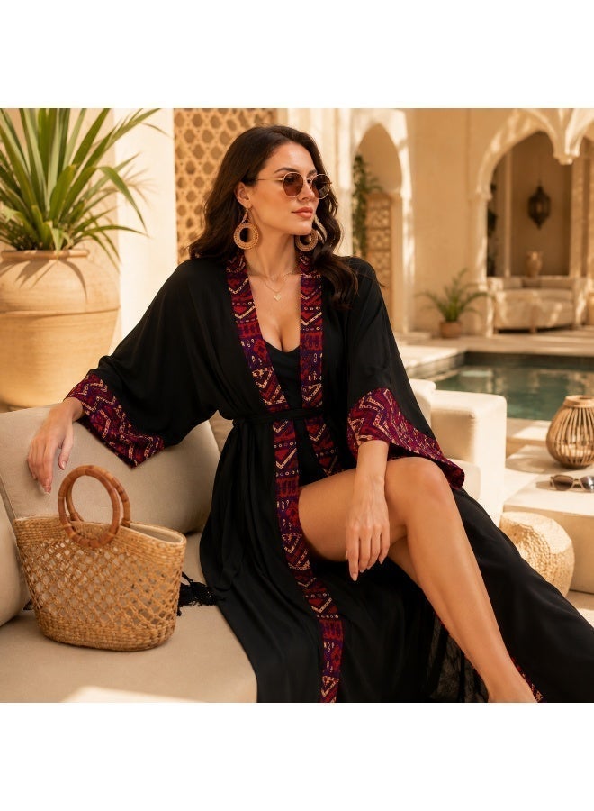 Women's Long Kimono Beach Cover Up with Belt - Lightweight Bohemian Open Front Robe - Image 4