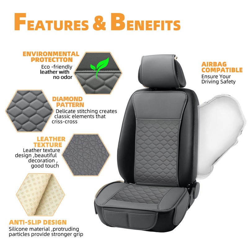 Elantrip 2PCs Front Car Seat Covers Leather Car Seat Protector Universal fit for Most Cars SUVs and Trucks Water Proof Seat Protector Gray - Image 3