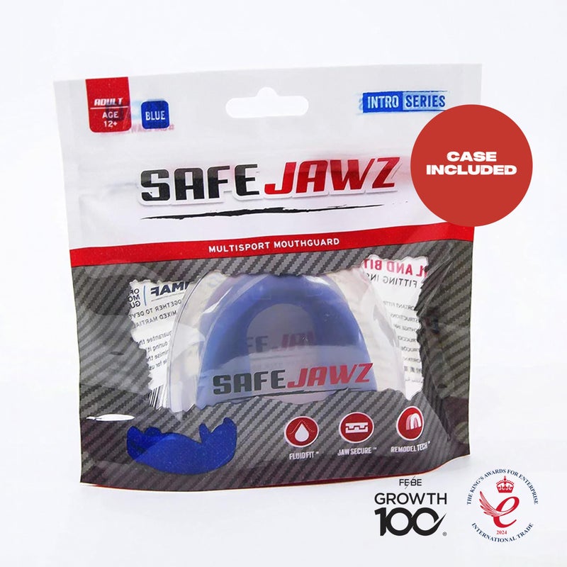 سيفجوز واقي الفم الرياضي من Safejawz مقاس نحيف للبالغين والصغار مع حقيبة للملاكمة وكرة السلة لاكروس وكرة القدم والفنون القتالية والهوكي وجميع الرياضات التي تتطلب اتصالًا (للبالغين بعمر 12 عامًا فما فوق باللون الأزرق) - Image 5