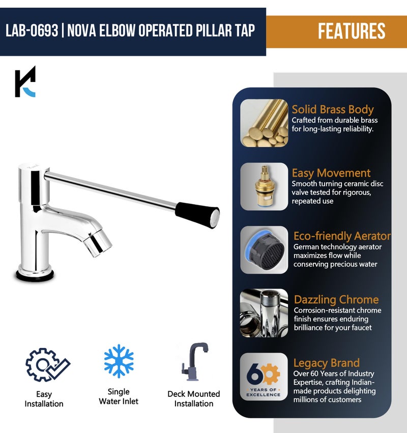Kamal Brass Elbow Action Pillar Cock Tap Faucet - Nova | Deck Mount Installation Type | Elegant Finish - Silver (Pack of 1) - Image 3