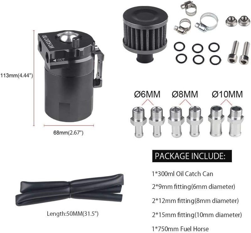 JDMON Oil Catch Can Tank Kit with Breather 300ml Aluminum Polish Engine Air Oil Separator Tank Reservoir Kit Universal (Black) - Image 3
