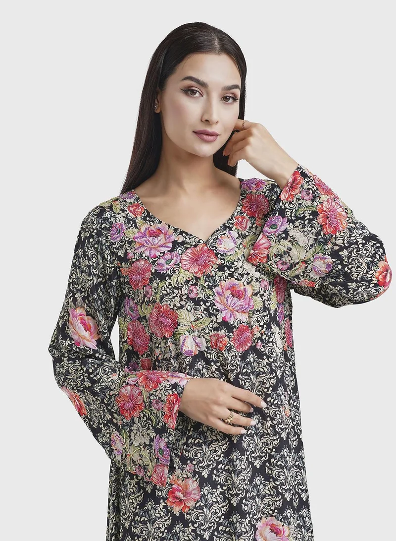 KASHKHA Viscose Black Damask Digital Print Jalabiya (VDM865)