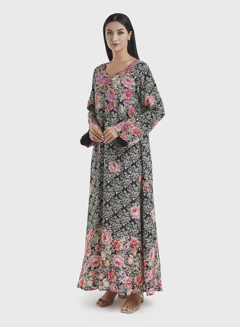 KASHKHA  Viscose Black Damask Digital Print Jalabiya (VDM865) for Women | Best Price UAE