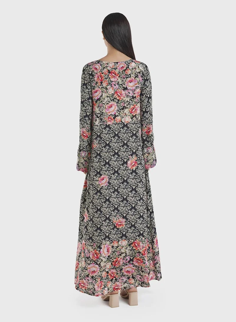 KASHKHA  Viscose Black Damask Digital Print Jalabiya (VDM865) for Women | Best Price UAE