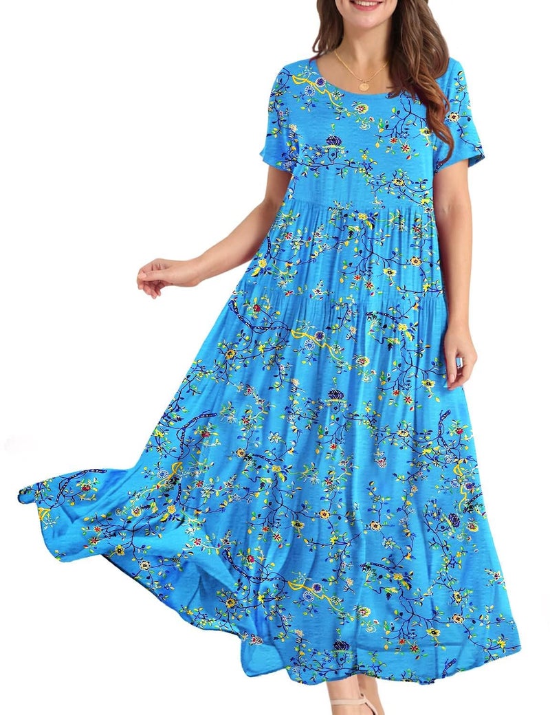 YESNO Women Casual Loose Bohemian Floral Dress with Pockets Short Sleeve Long Maxi Summer Beach Swing Dress L EJF CR44 Blue/Yellow - Image 1