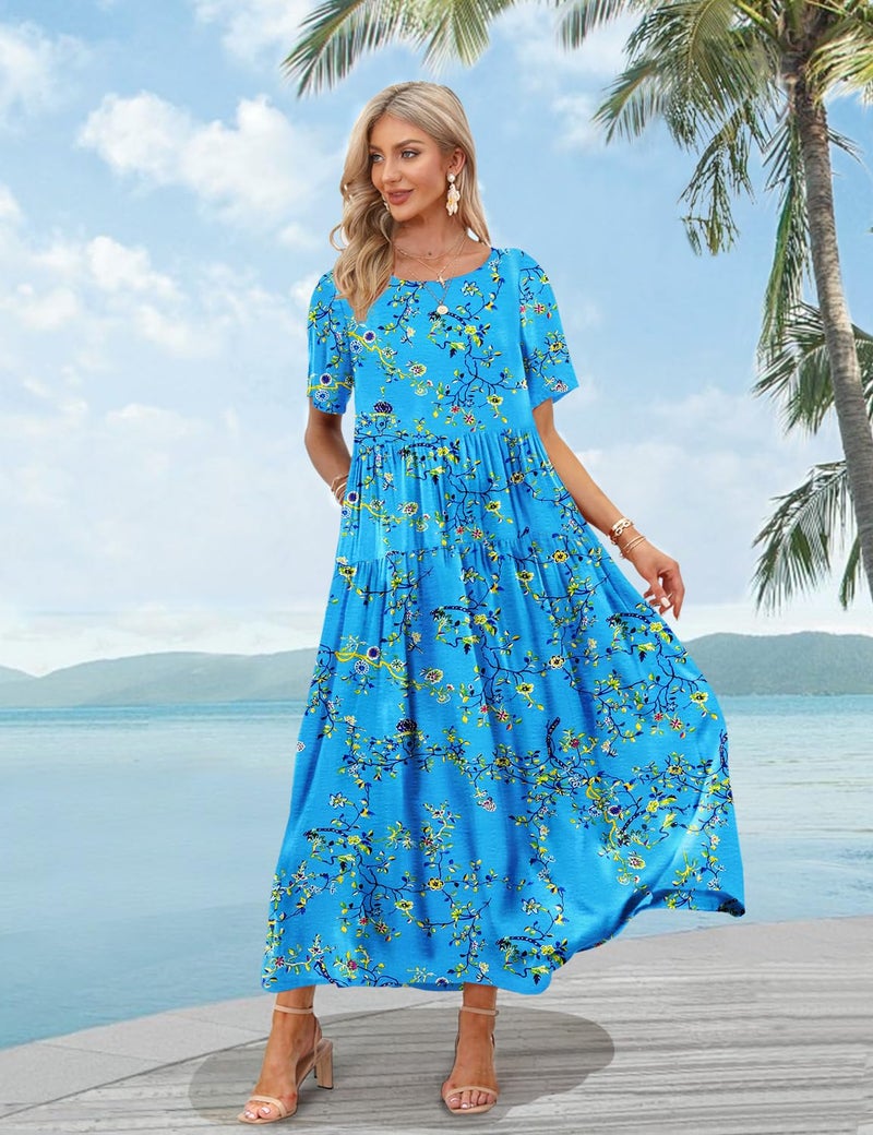 YESNO Women Casual Loose Bohemian Floral Dress with Pockets Short Sleeve Long Maxi Summer Beach Swing Dress L EJF CR44 Blue/Yellow - Image 3